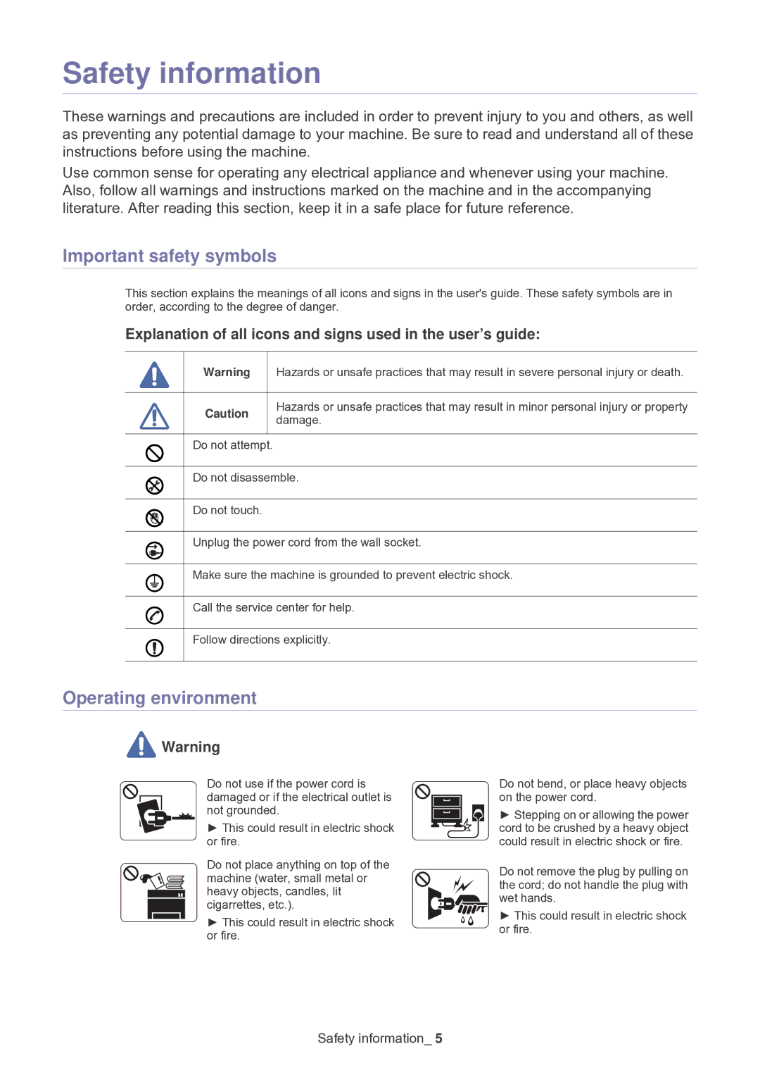 Samsung SF-650 manual Safety information, Important safety symbols, Operating environment 