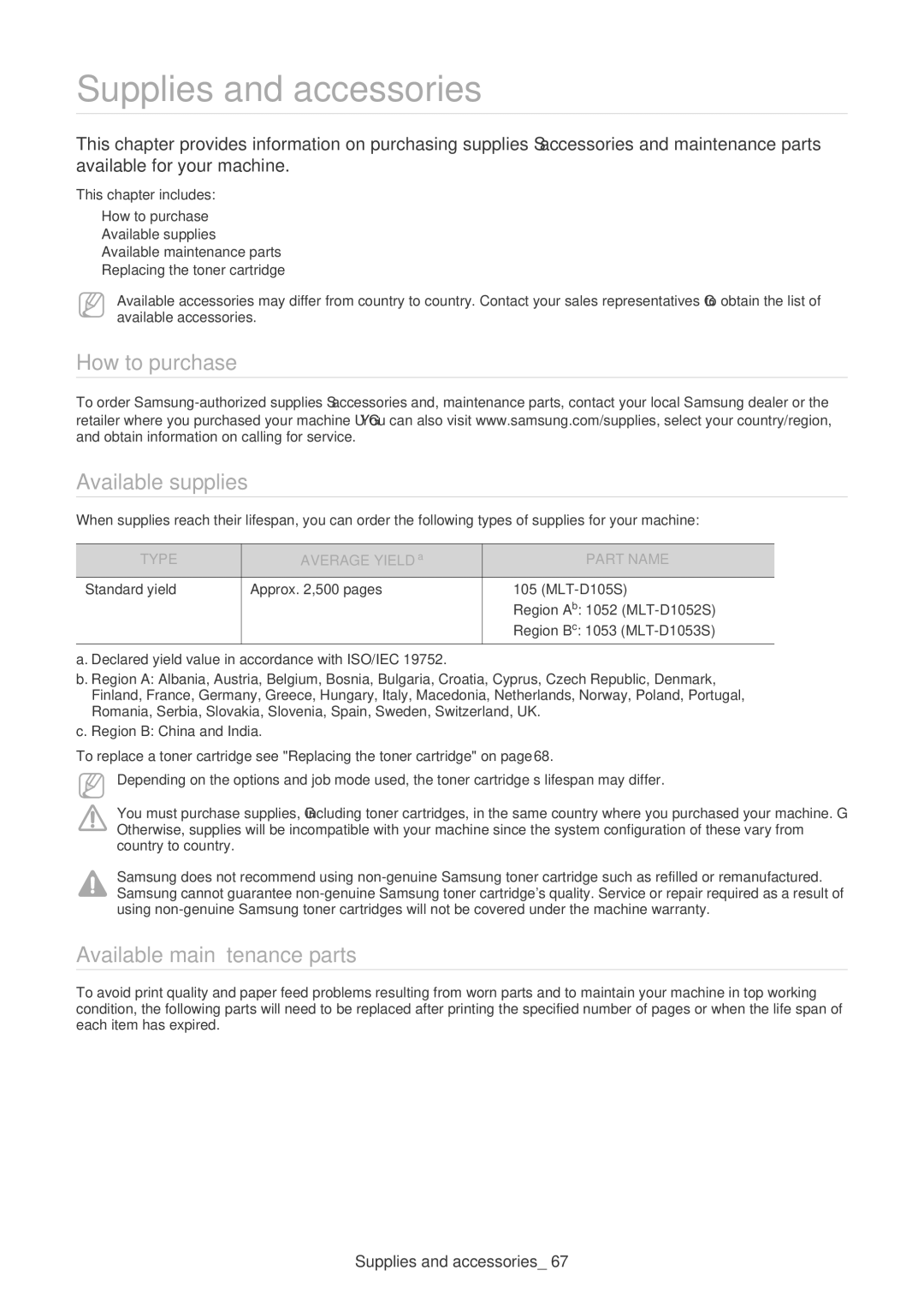 Samsung SF-650 manual Supplies and accessories, How to purchase, Available supplies, Available maintenance parts 