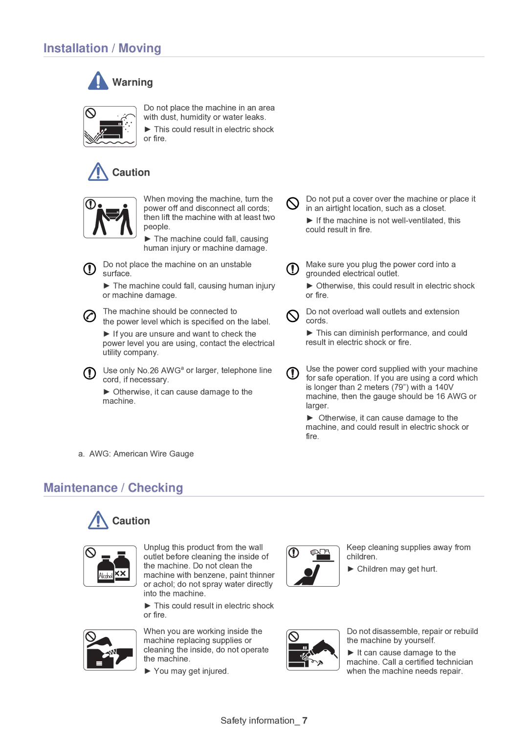 Samsung SF-650 manual Installation / Moving, Maintenance / Checking 