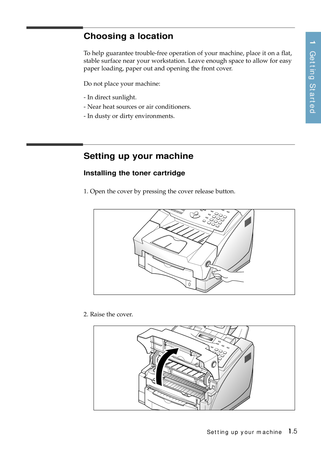 Samsung SF-6800 manual Choosing a location, Setting up your machine, Installing the toner cartridge 