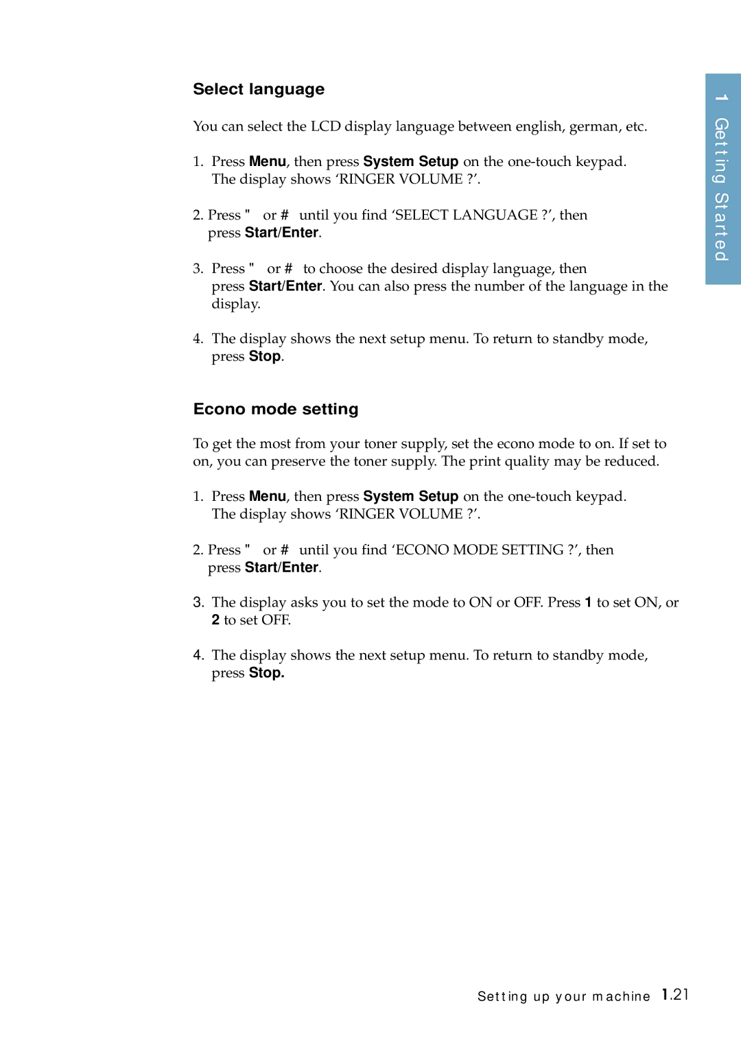 Samsung SF-6800 manual Select language, Econo mode setting 