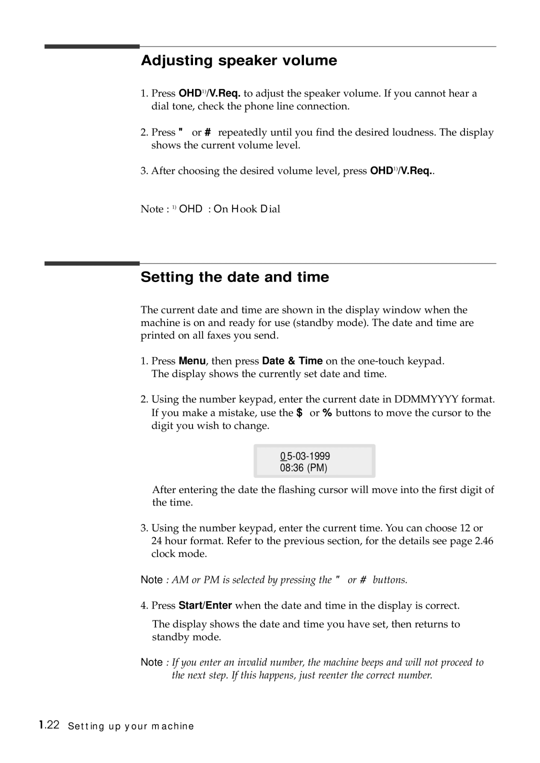 Samsung SF-6800 manual Adjusting speaker volume, Setting the date and time 