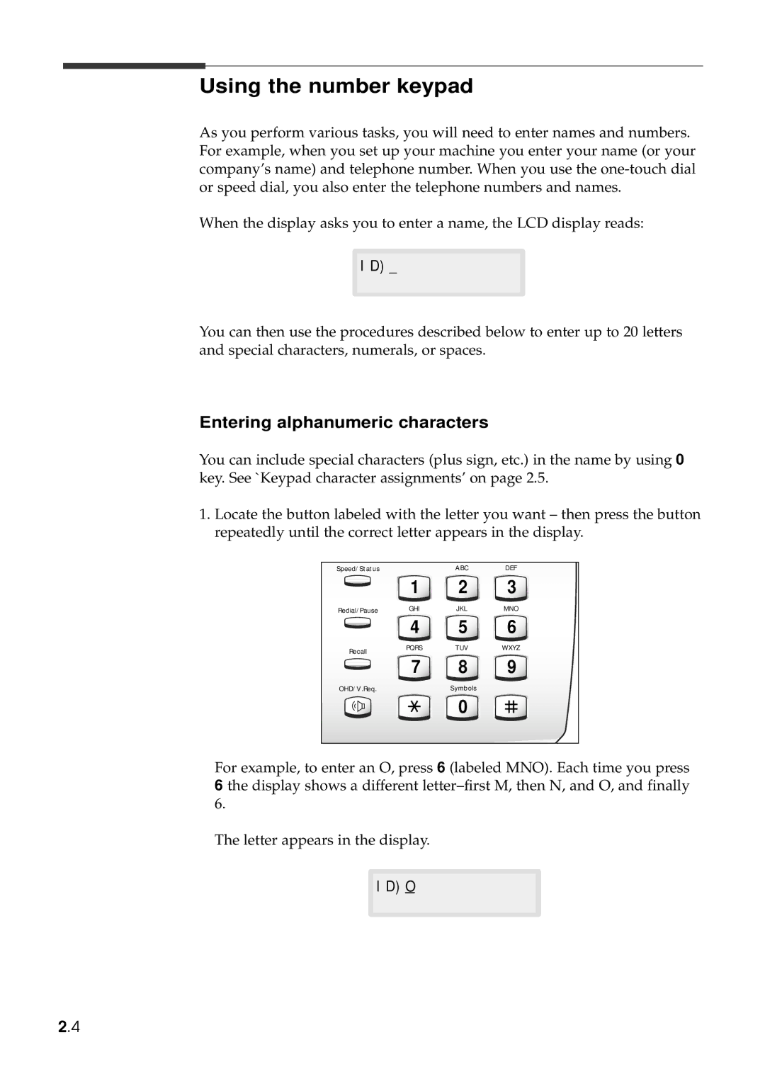 Samsung SF-6800 manual Using the number keypad, Entering alphanumeric characters, Ido 