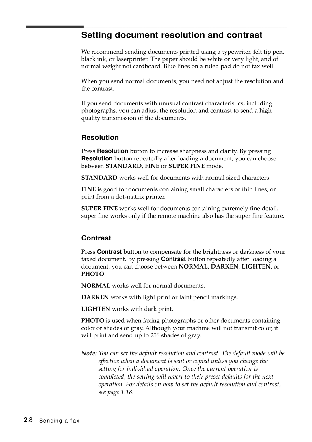 Samsung SF-6800 manual Setting document resolution and contrast, Resolution, Contrast 