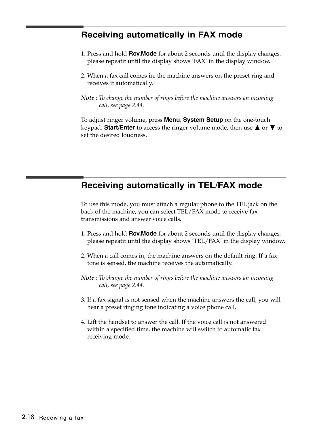 Samsung SF-6800 manual Receiving automatically in FAX mode, Receiving automatically in TEL/FAX mode 