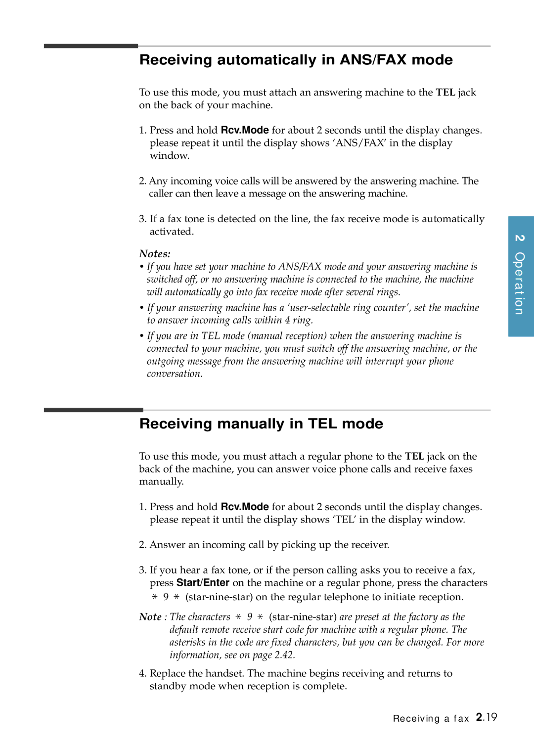 Samsung SF-6800 Receiving automatically in ANS/FAX mode, Receiving manually in TEL mode 