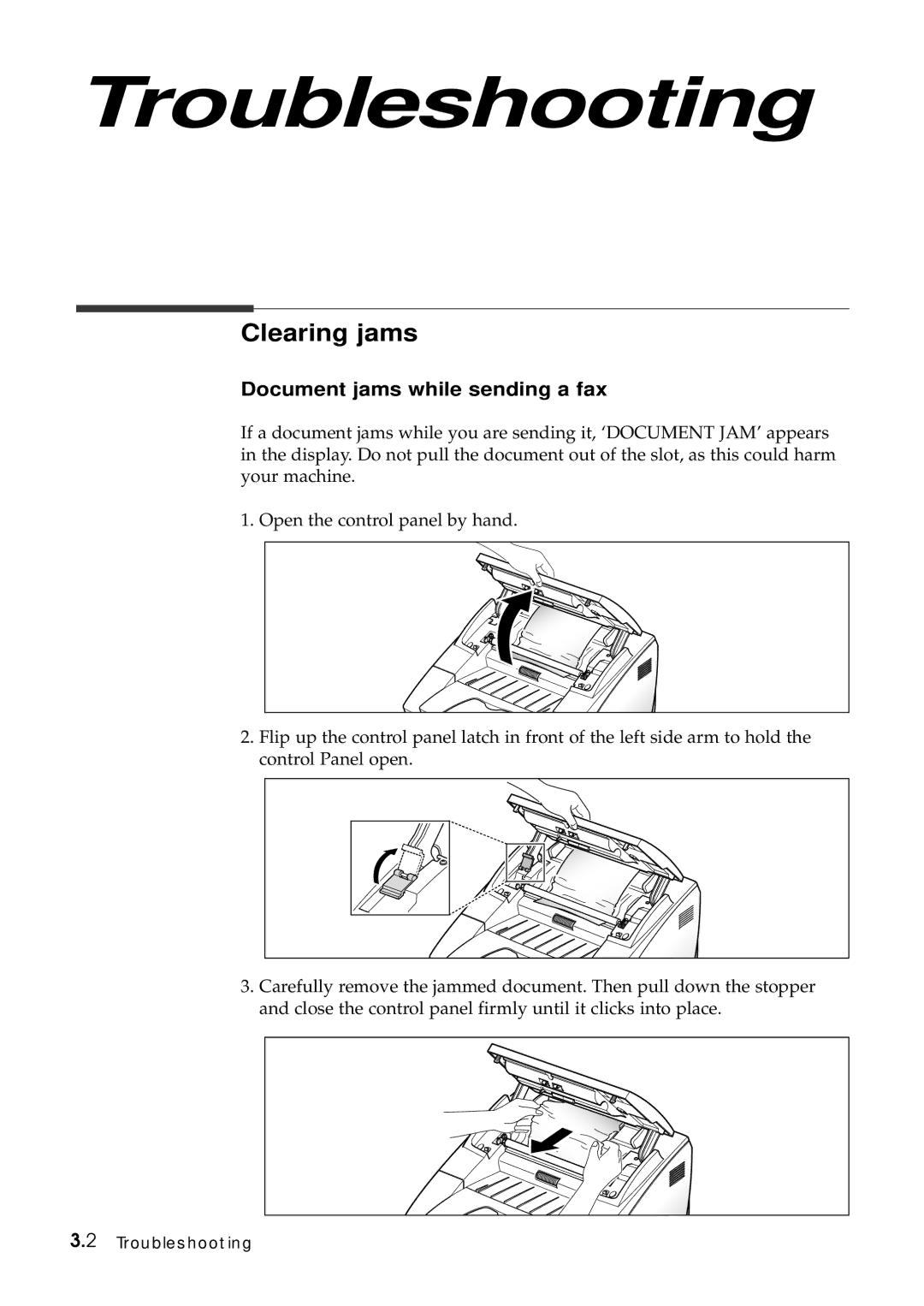 Samsung SF-6800 manual Clearing jams, Document jams while sending a fax 