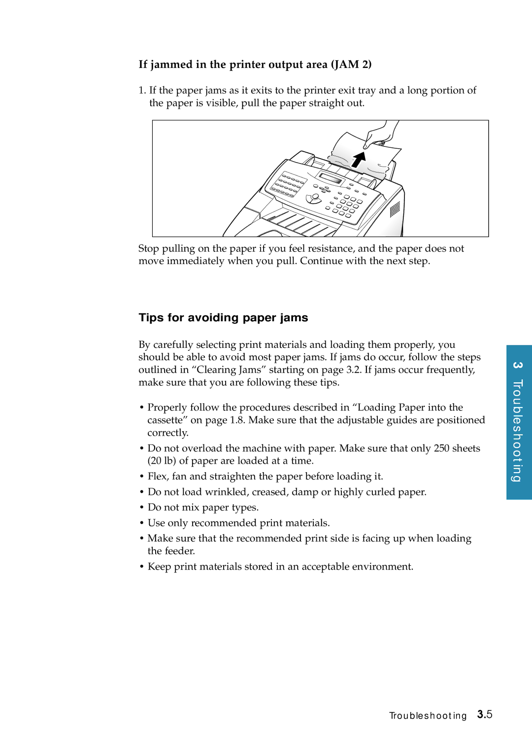 Samsung SF-6800 manual If jammed in the printer output area JAM, Tips for avoiding paper jams 