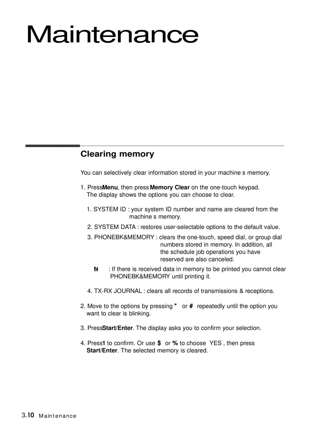 Samsung SF-6800 manual Maintenance, Clearing memory 