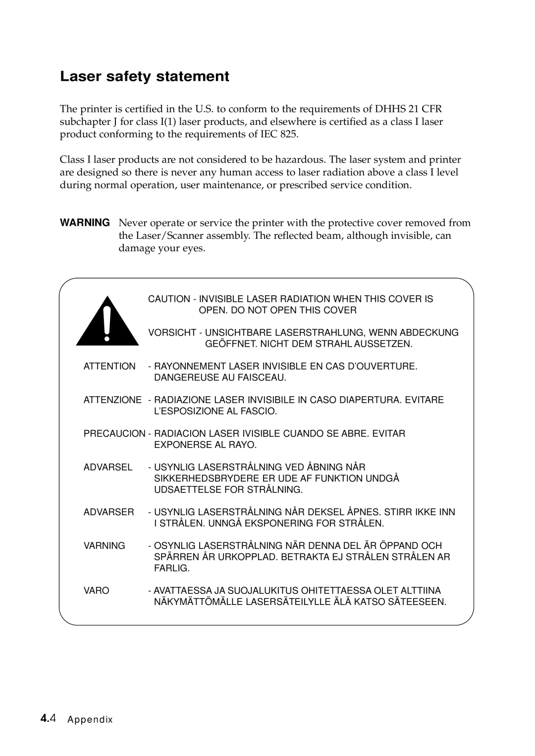 Samsung SF-6800 manual Laser safety statement 