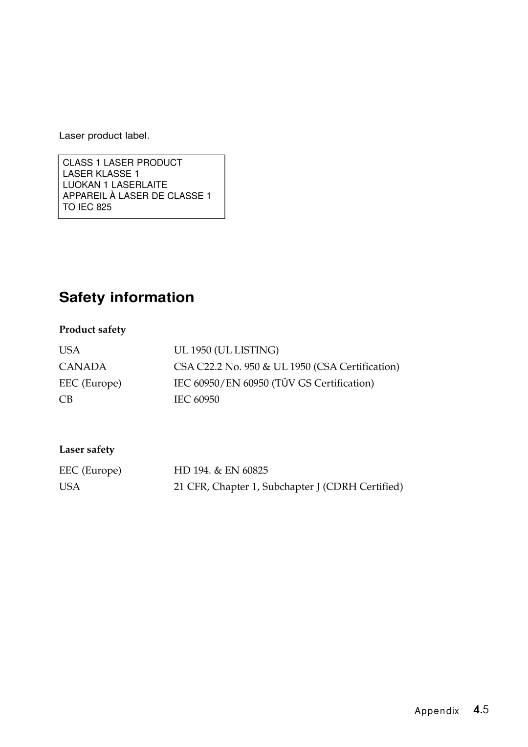 Samsung SF-6800 manual Safety information, Product safety, Laser safety 