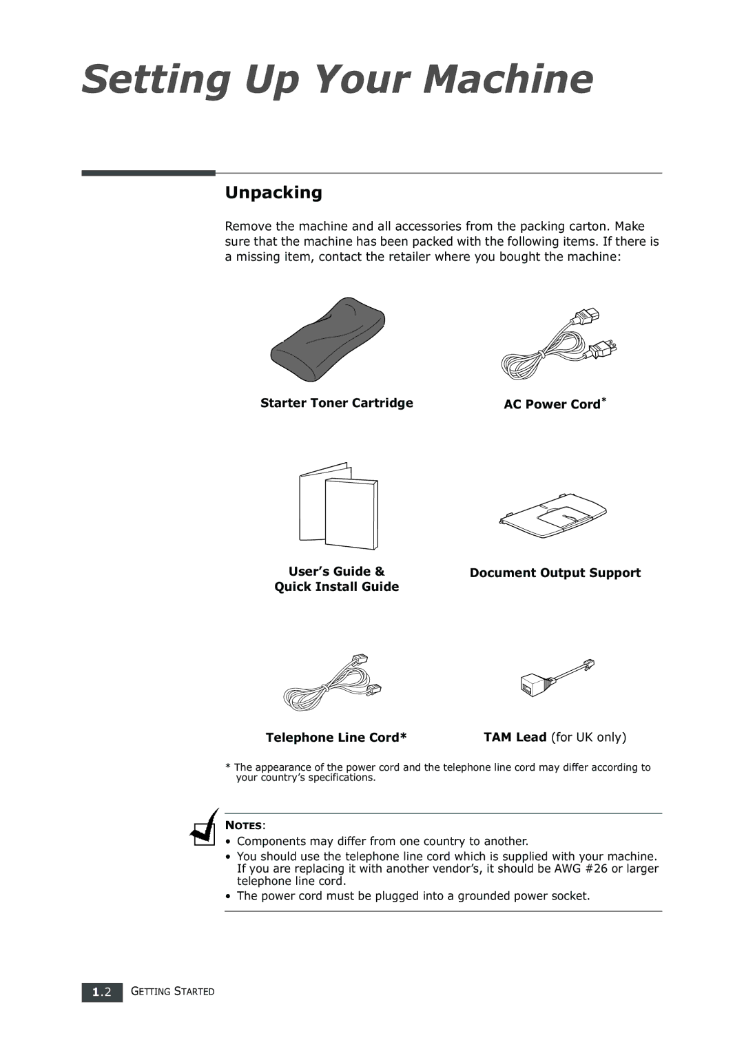 Samsung SF-750 Series manual Unpacking, Starter Toner Cartridge, Telephone Line Cord 