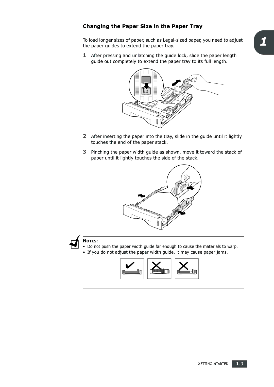 Samsung SF-750 Series manual Changing the Paper Size in the Paper Tray, Paper guides to extend the paper tray 