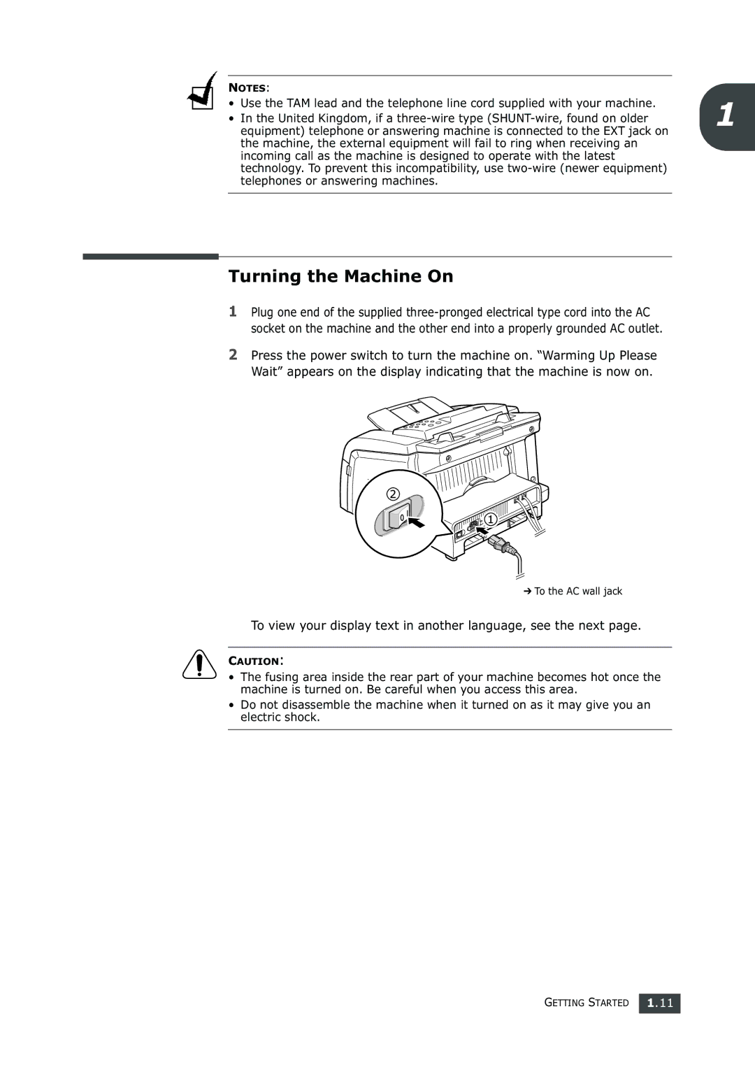 Samsung SF-750 Series manual Turning the Machine On, To view your display text in another language, see the next 