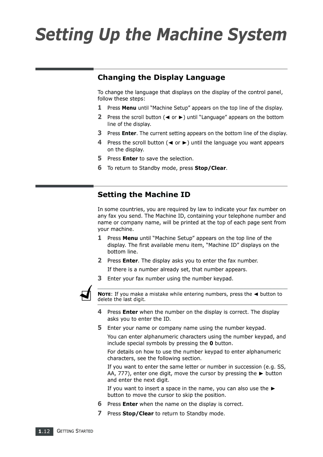 Samsung SF-750 Series manual Changing the Display Language, Setting the Machine ID 