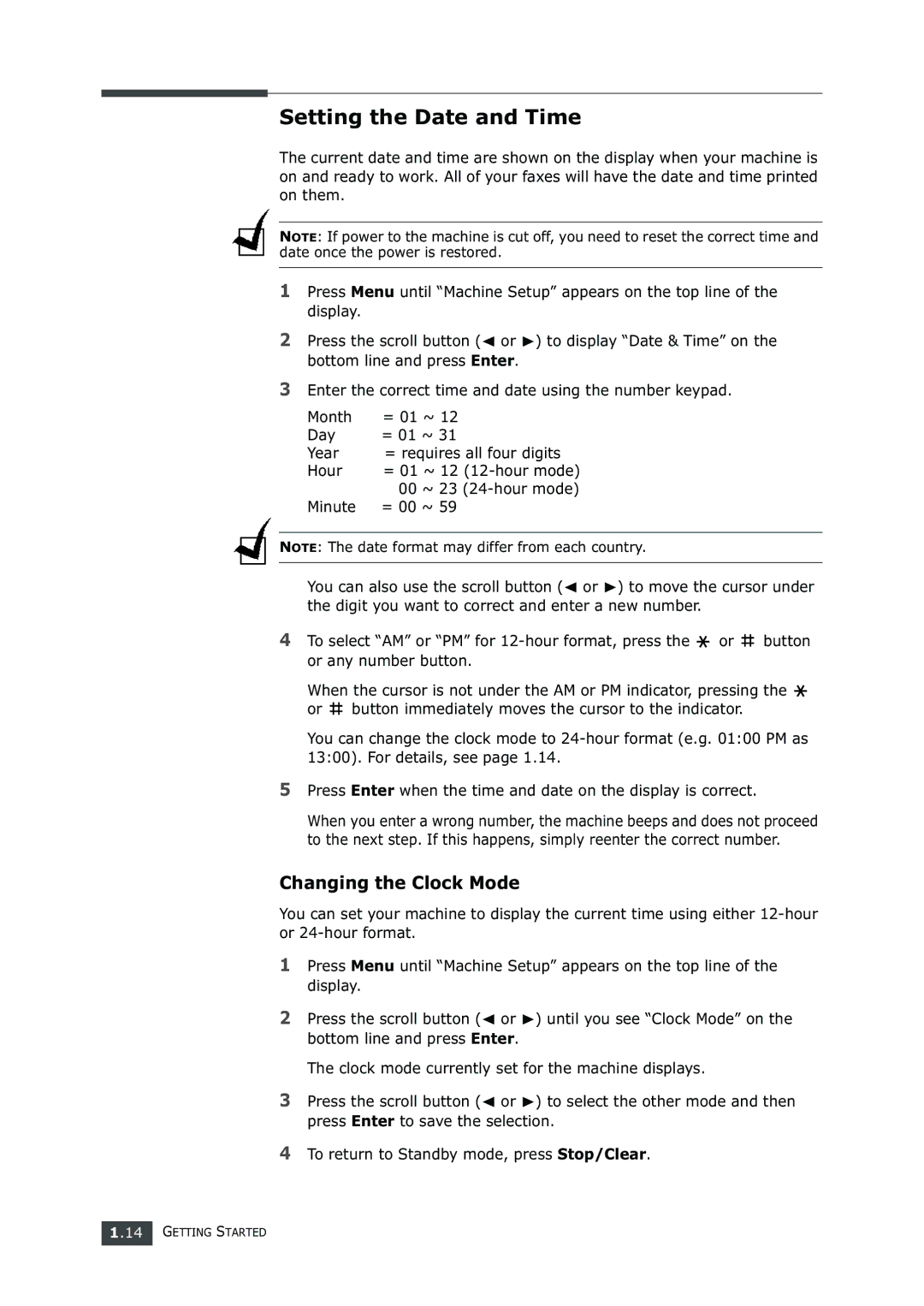 Samsung SF-750 Series manual Setting the Date and Time, Changing the Clock Mode 