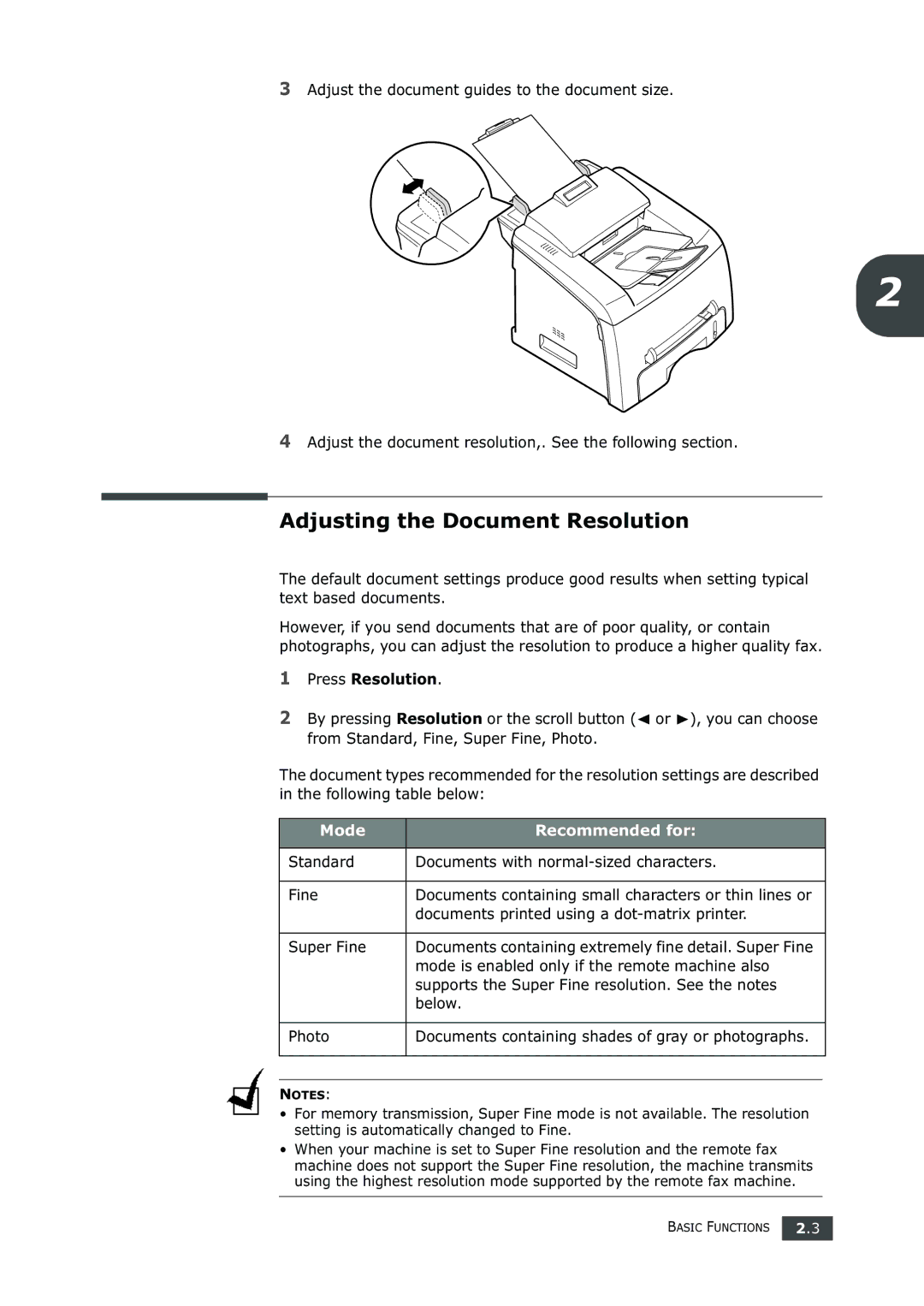 Samsung SF-750 Series manual Adjusting the Document Resolution, Press Resolution, Mode Recommended for 