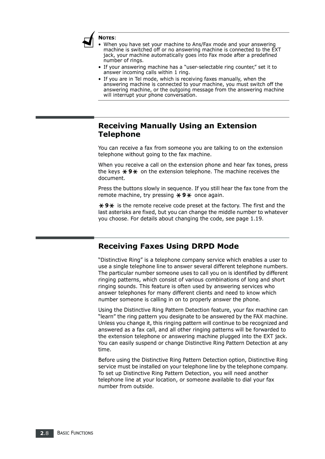 Samsung SF-750 Series manual Receiving Manually Using an Extension Telephone, Receiving Faxes Using Drpd Mode 