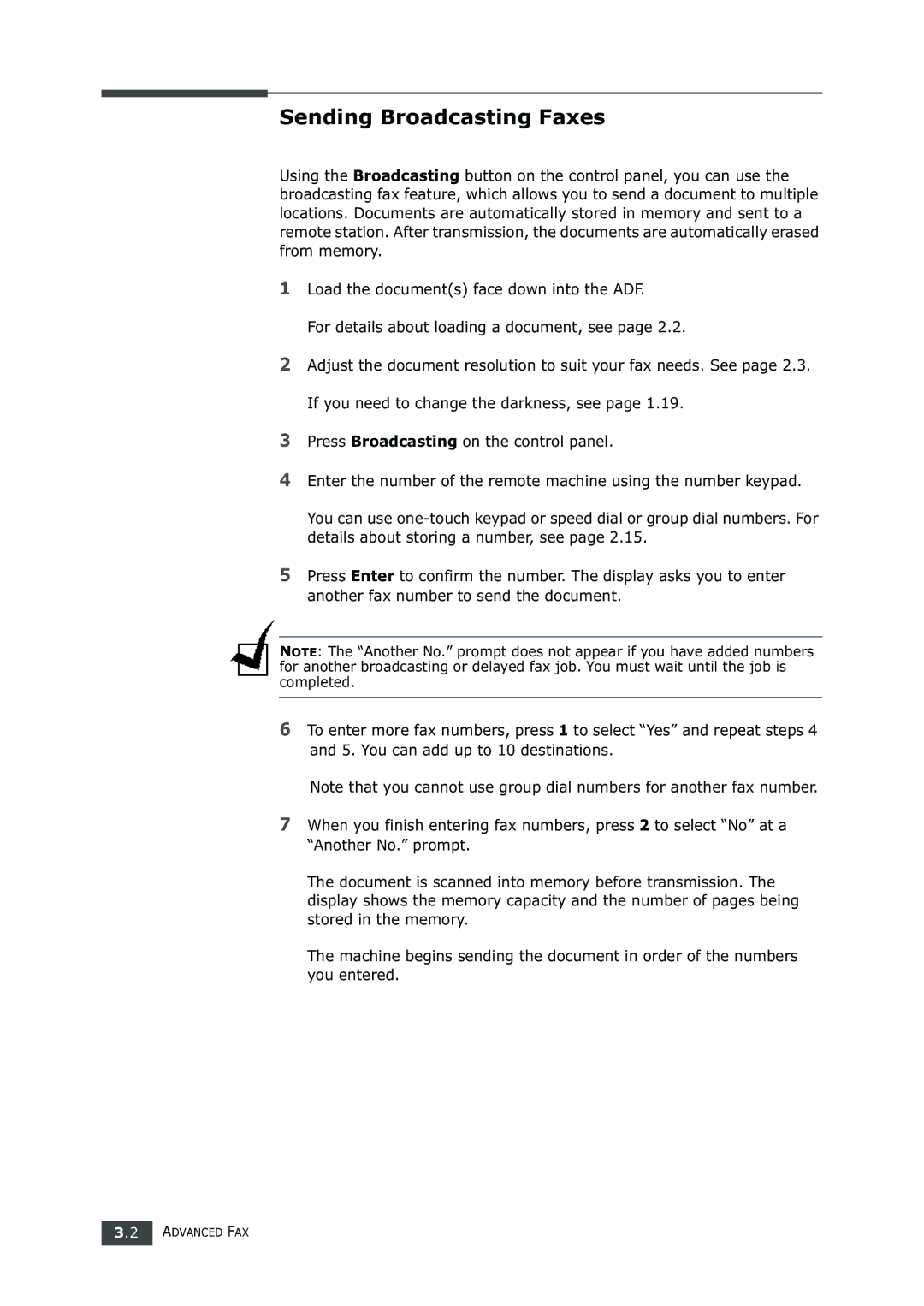 Samsung SF-750 Series manual Sending Broadcasting Faxes 