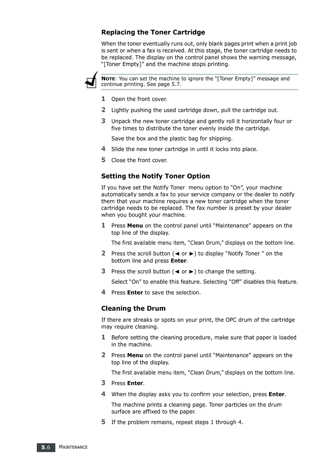 Samsung SF-750 Series manual Replacing the Toner Cartridge, Setting the Notify Toner Option, Cleaning the Drum 