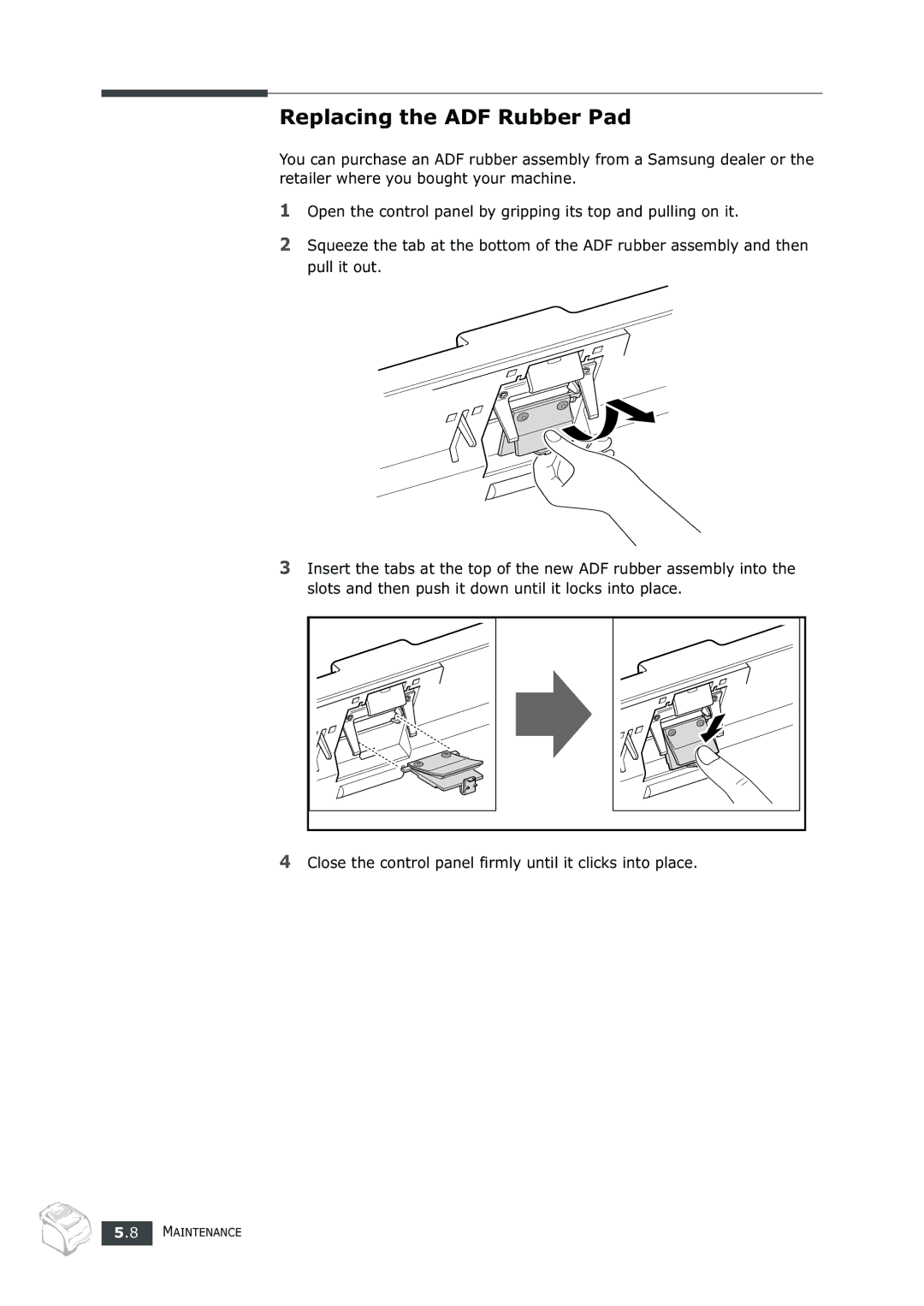 Samsung SF-750 Series manual Replacing the ADF Rubber Pad 