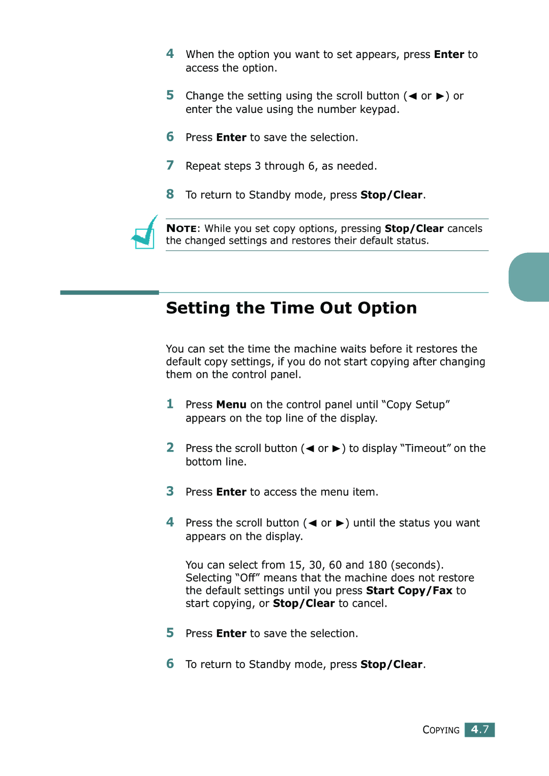 Samsung SF-755P manual Setting the Time Out Option 