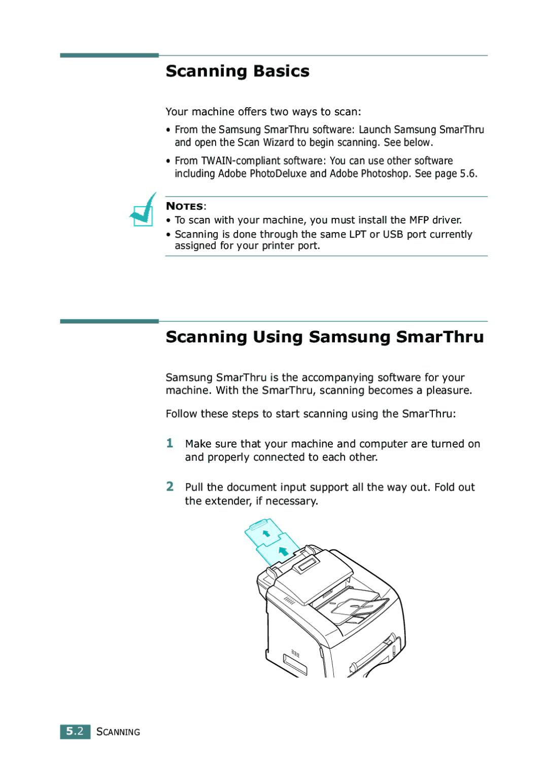 Samsung SF-755P manual Scanning Basics, Scanning Using Samsung SmarThru, Your machine offers two ways to scan 