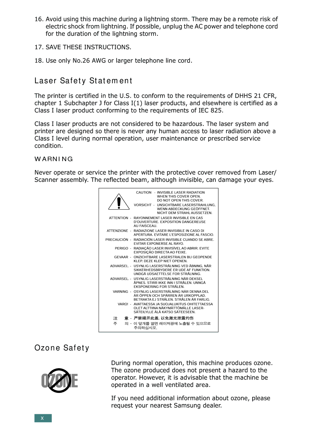 Samsung SF-755P manual Laser Safety Statement, Ozone Safety 