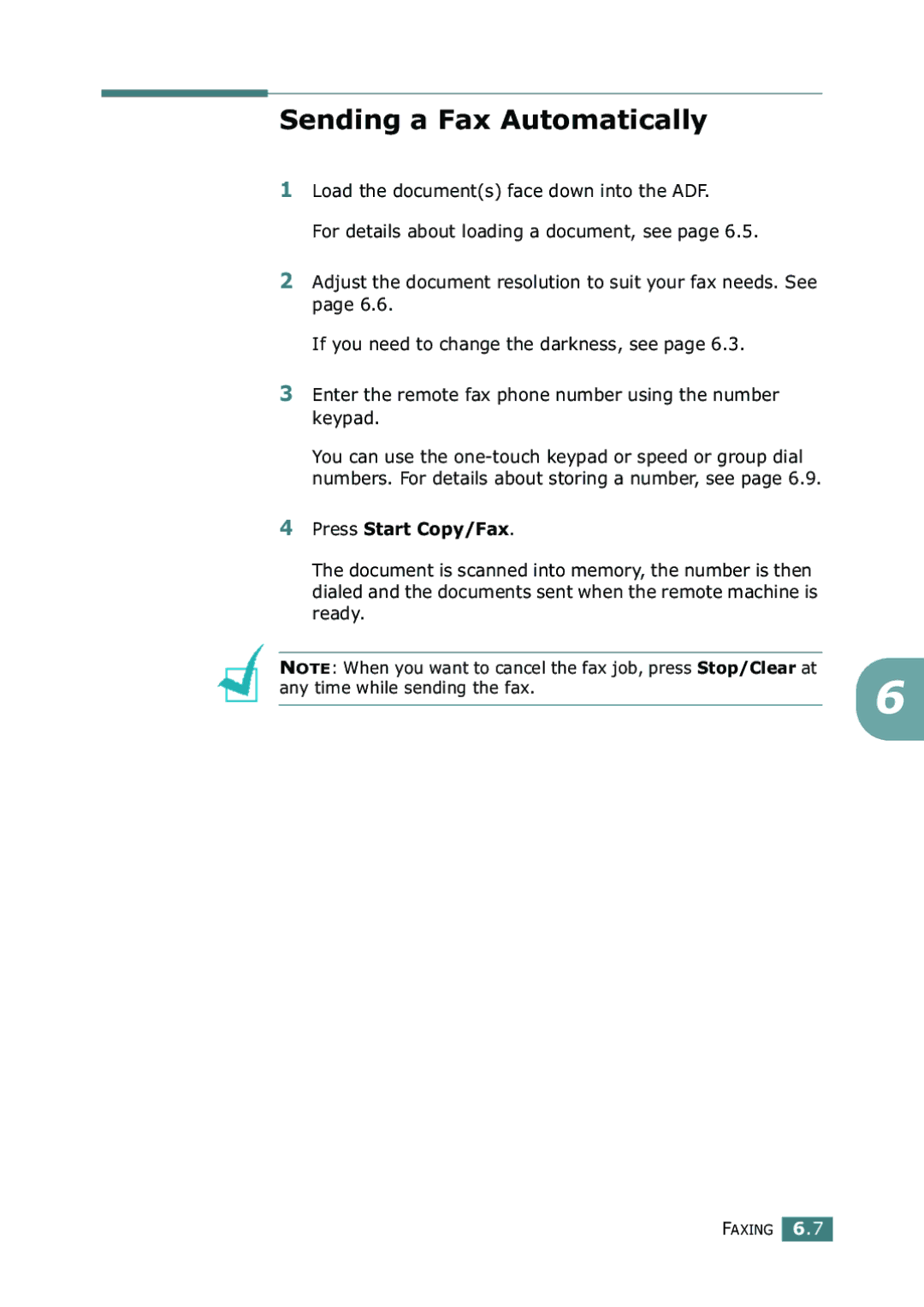 Samsung SF-755P manual Sending a Fax Automatically, Press Start Copy/Fax 