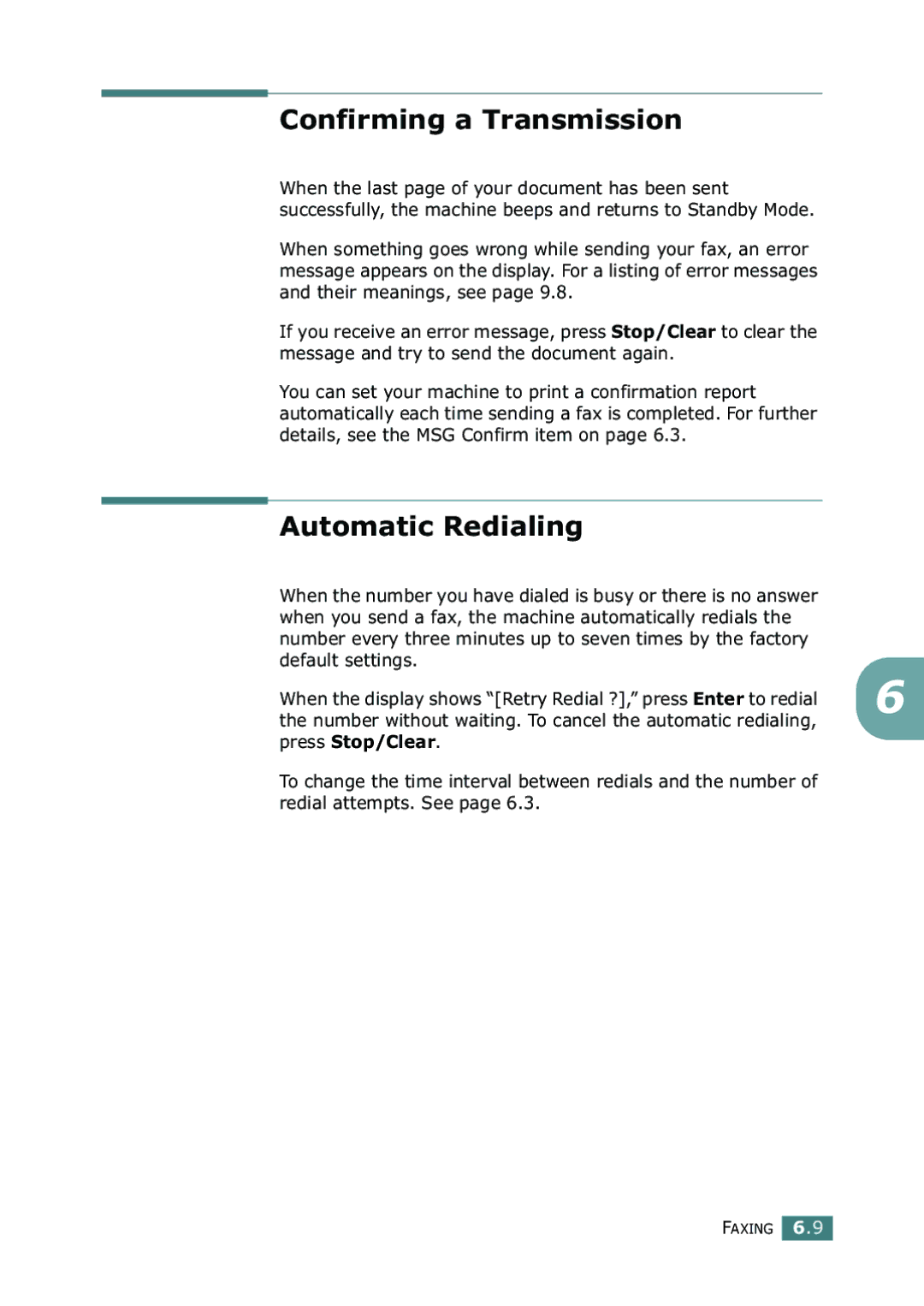 Samsung SF-755P manual Confirming a Transmission, Automatic Redialing 