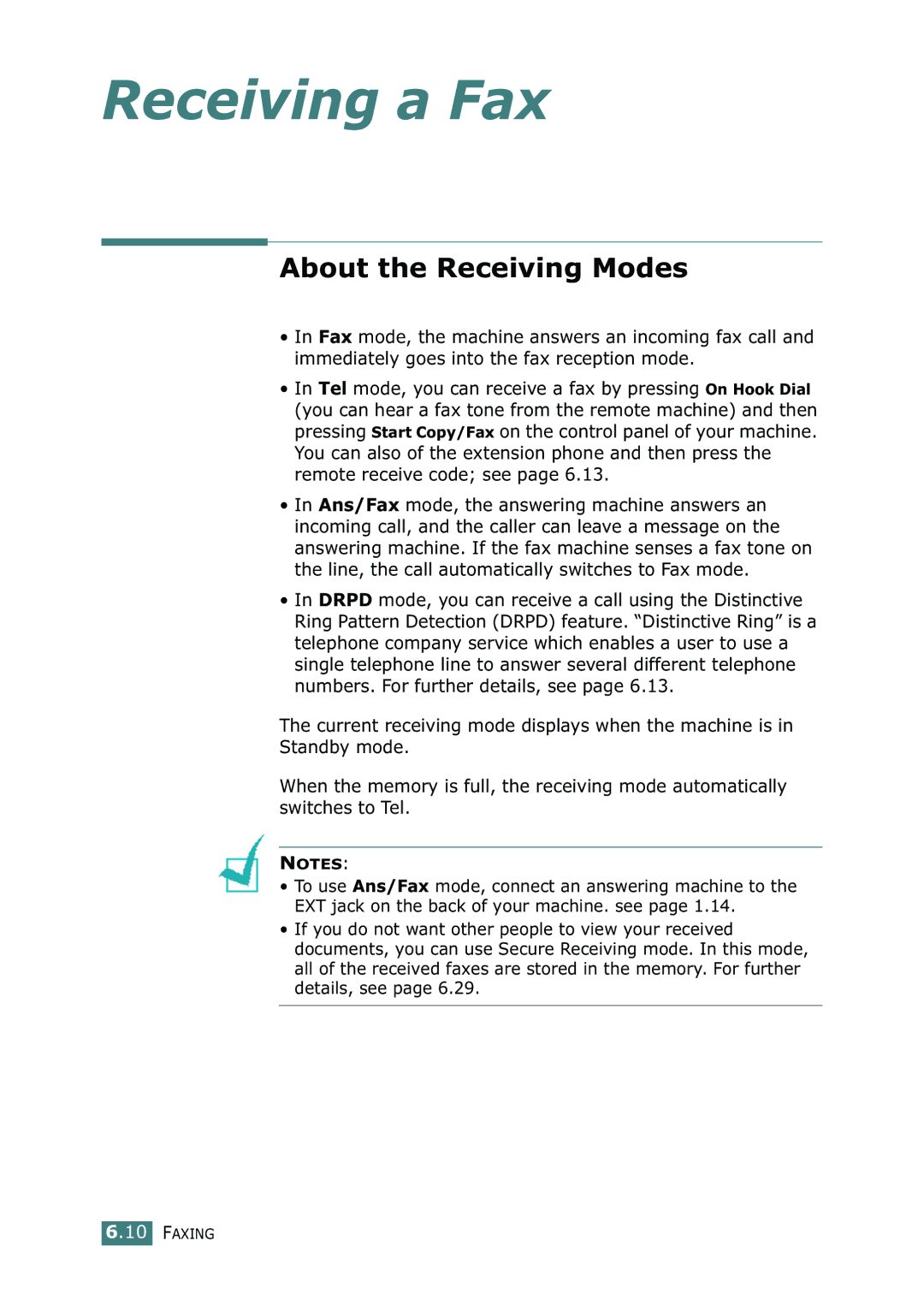 Samsung SF-755P manual Receiving a Fax, About the Receiving Modes 