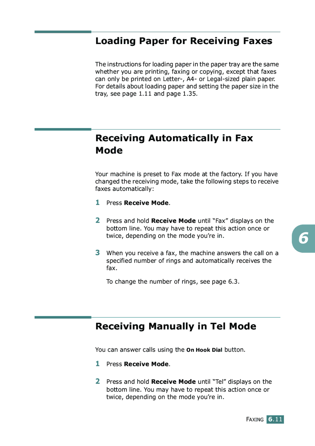 Samsung SF-755P Loading Paper for Receiving Faxes, Receiving Automatically in Fax Mode, Receiving Manually in Tel Mode 