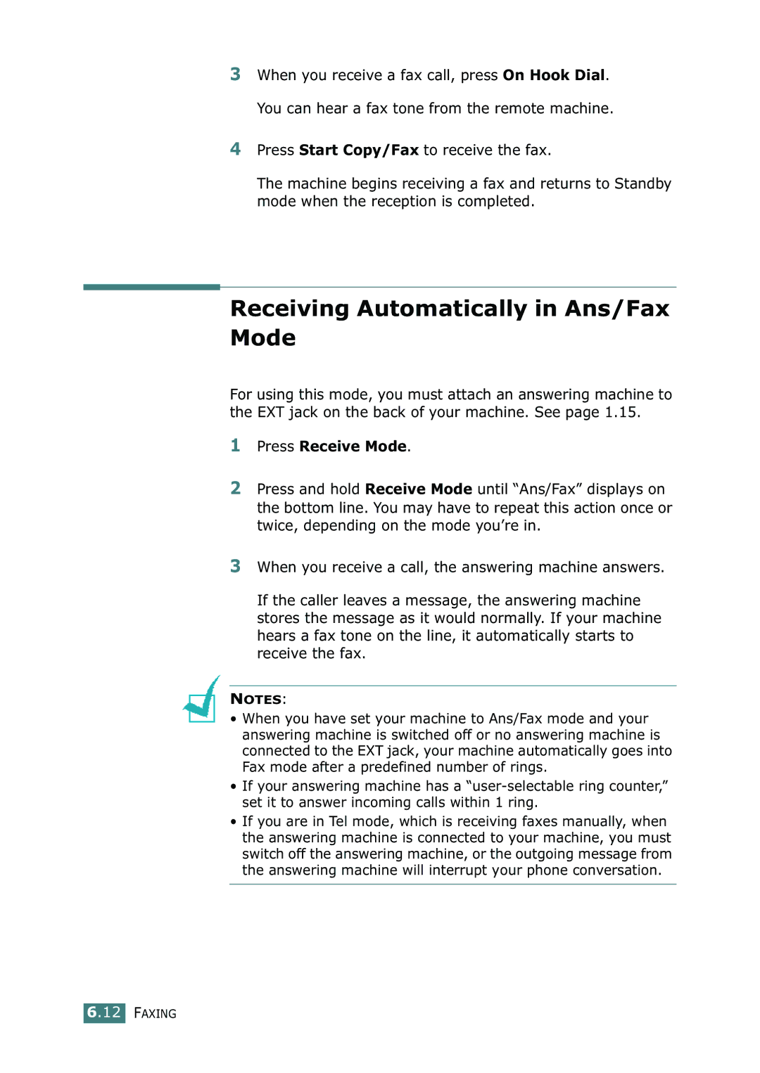 Samsung SF-755P manual Receiving Automatically in Ans/Fax Mode 