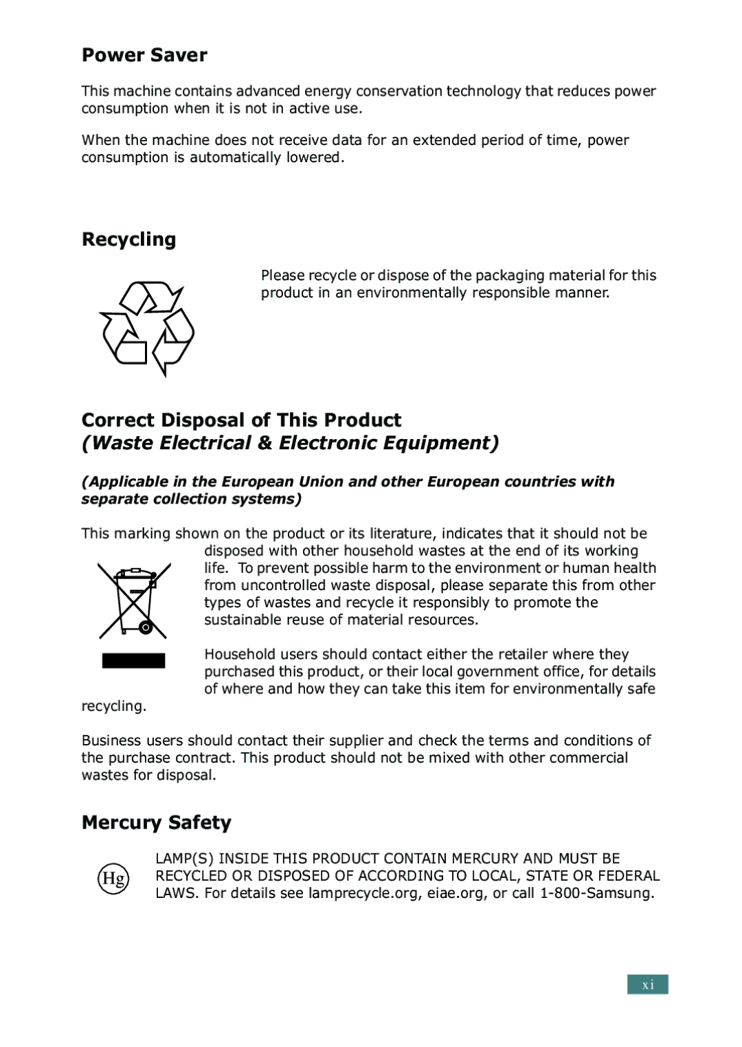 Samsung SF-755P manual Power Saver, Recycling, Correct Disposal of This Product, Mercury Safety 