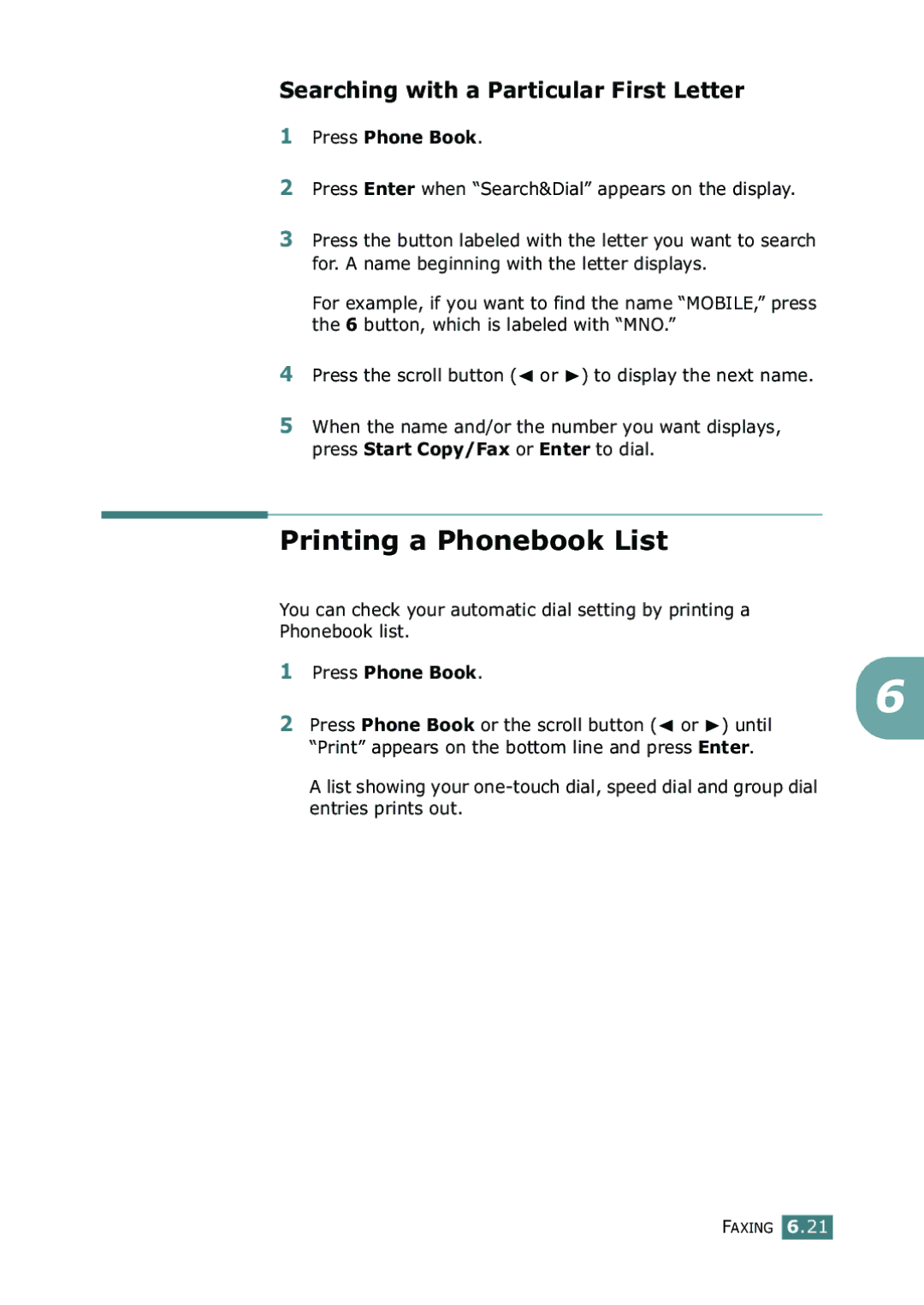 Samsung SF-755P manual Printing a Phonebook List, Searching with a Particular First Letter 