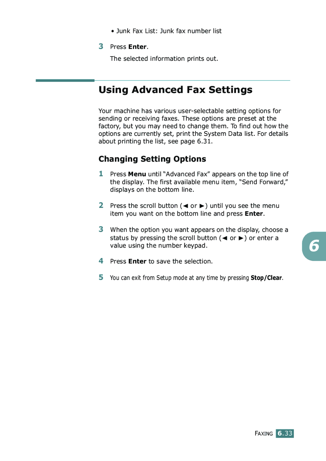 Samsung SF-755P manual Using Advanced Fax Settings, Changing Setting Options 