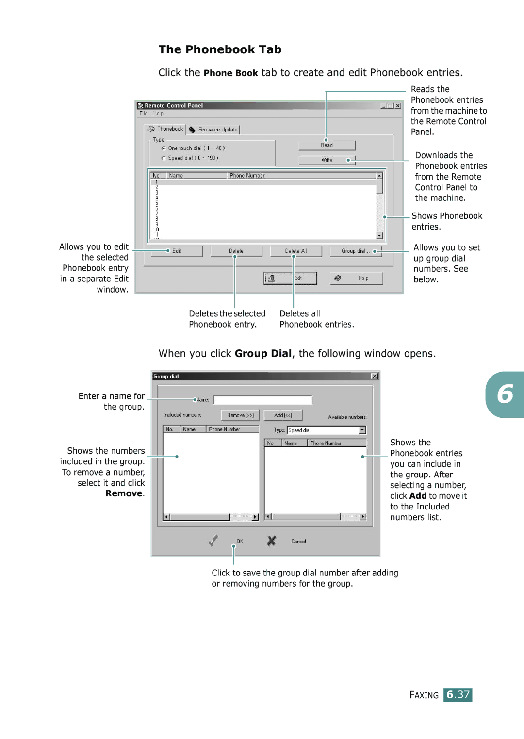 Samsung SF-755P manual Phonebook Tab, When you click Group Dial, the following window opens 