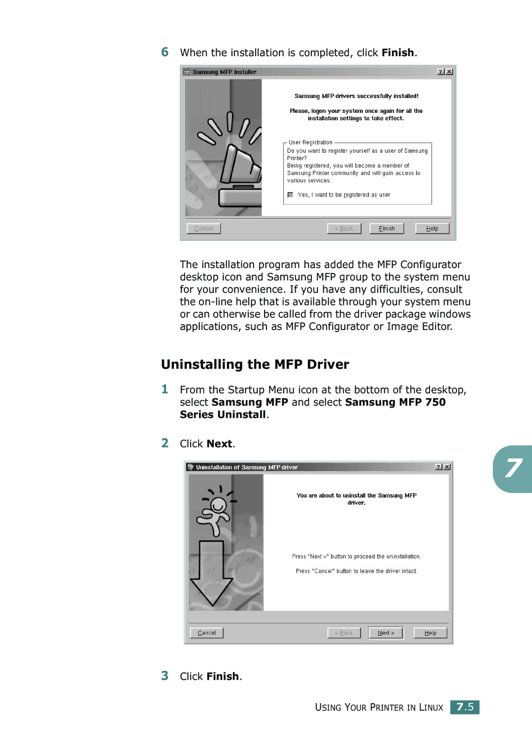 Samsung SF-755P manual Uninstalling the MFP Driver, When the installation is completed, click Finish 