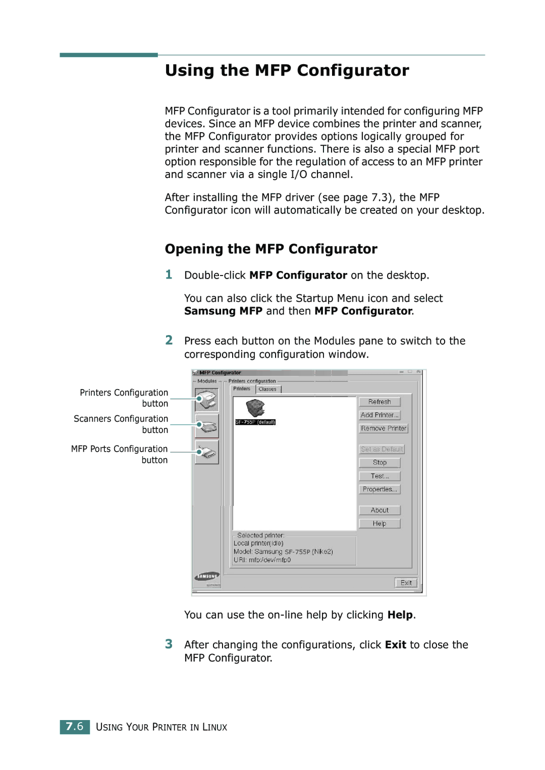 Samsung SF-755P Using the MFP Configurator, Opening the MFP Configurator, Double-click MFP Configurator on the desktop 