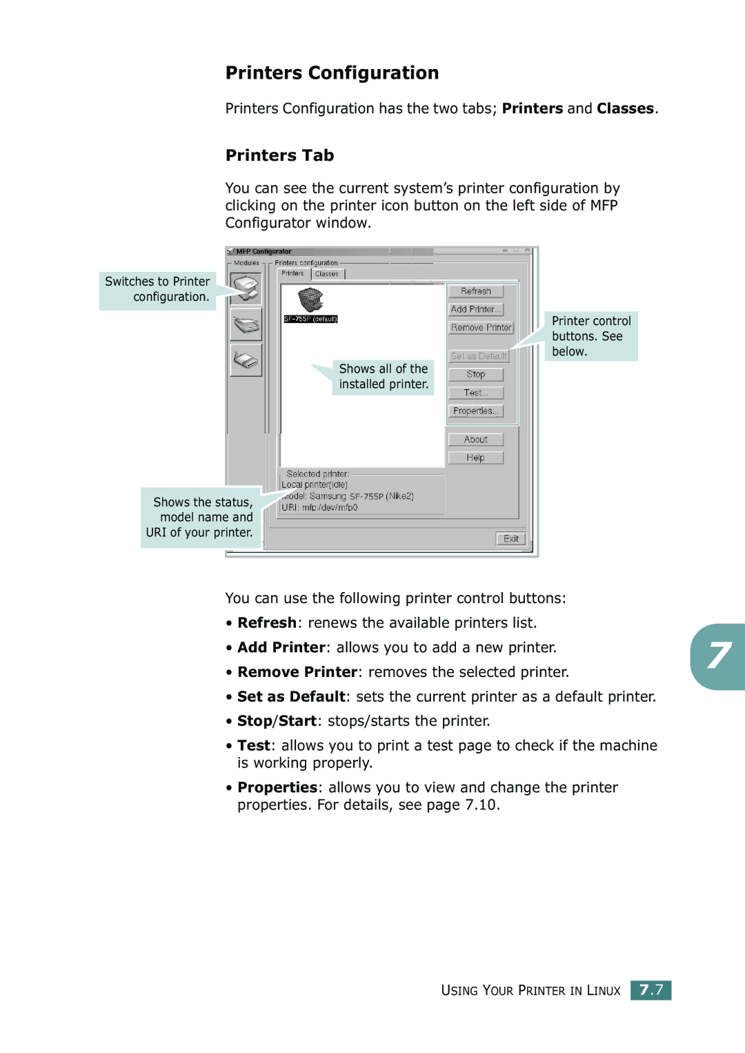 Samsung SF-755P manual Printers Configuration, Printers Tab 