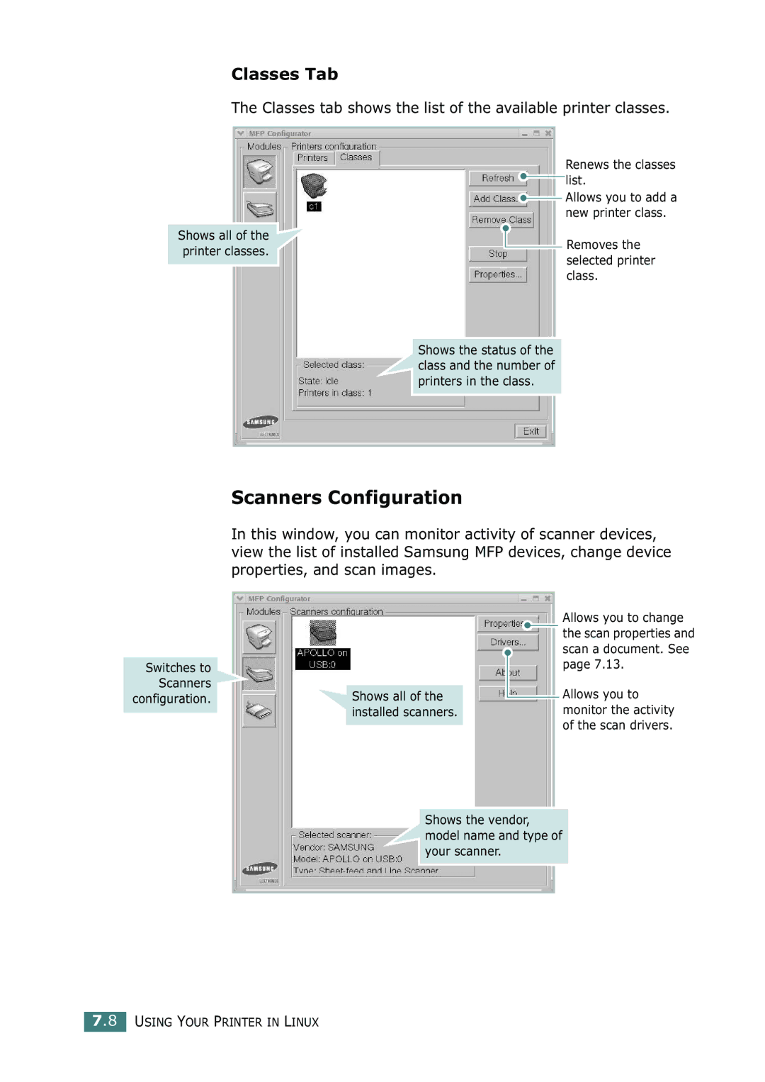 Samsung SF-755P manual Scanners Configuration, Classes Tab, Classes tab shows the list of the available printer classes 