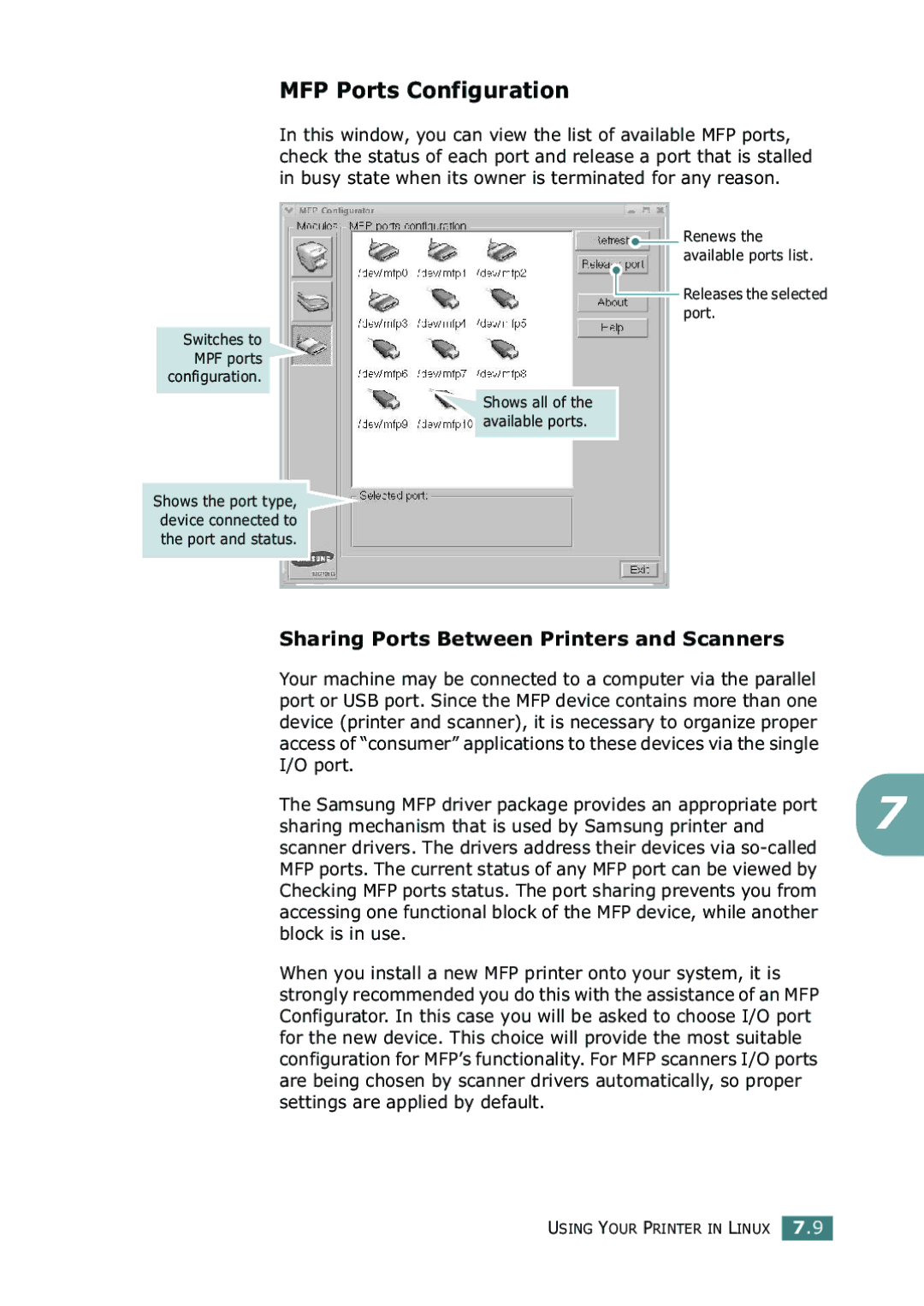 Samsung SF-755P manual MFP Ports Configuration, Sharing Ports Between Printers and Scanners 