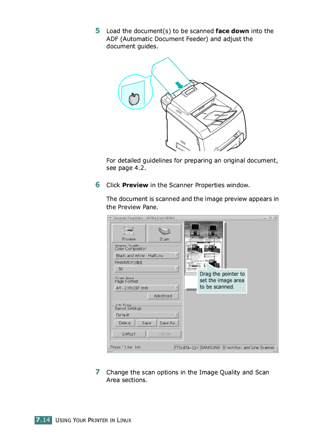 Samsung SF-755P manual Drag the pointer to set the image area to be scanned 