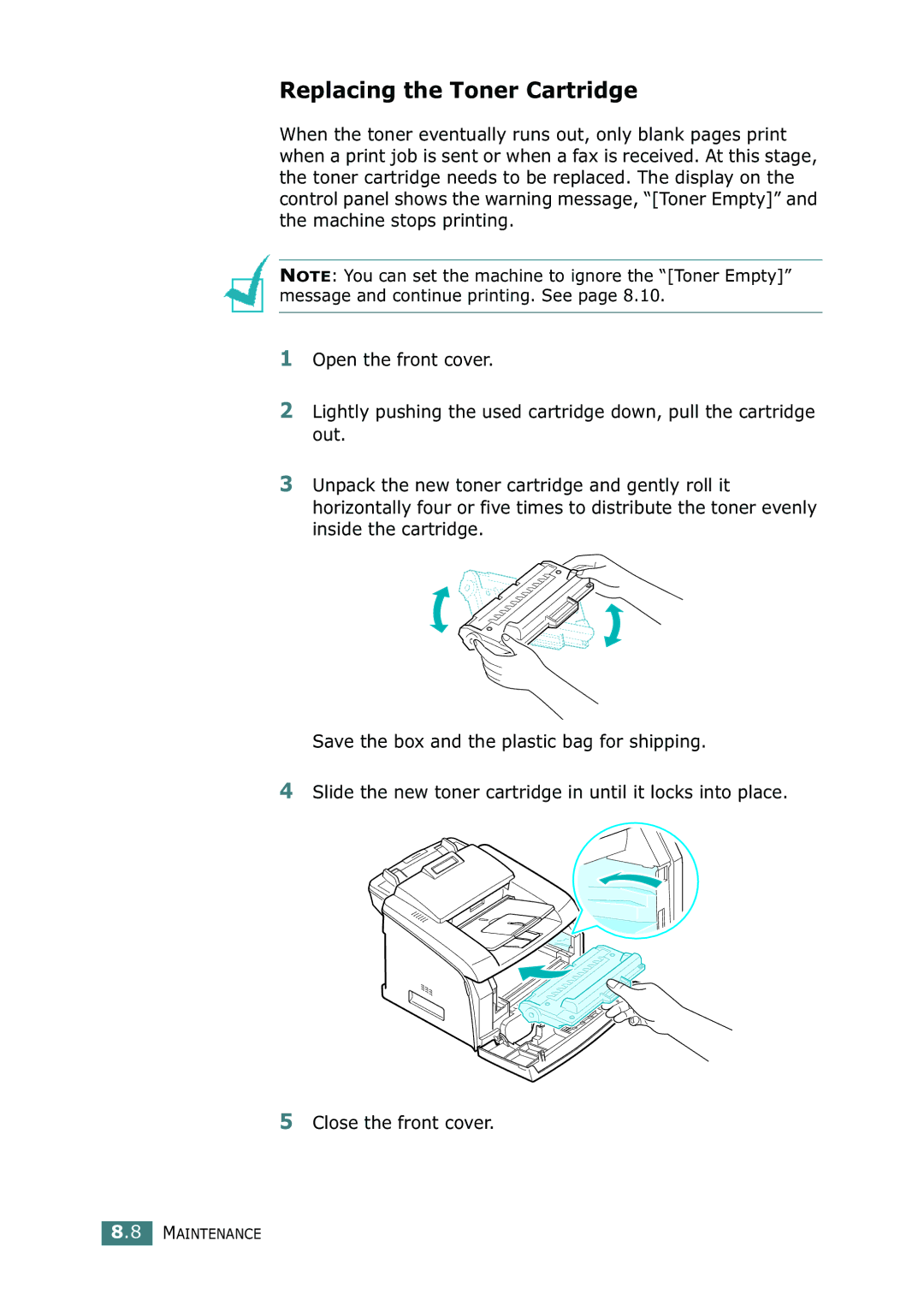 Samsung SF-755P manual Replacing the Toner Cartridge 