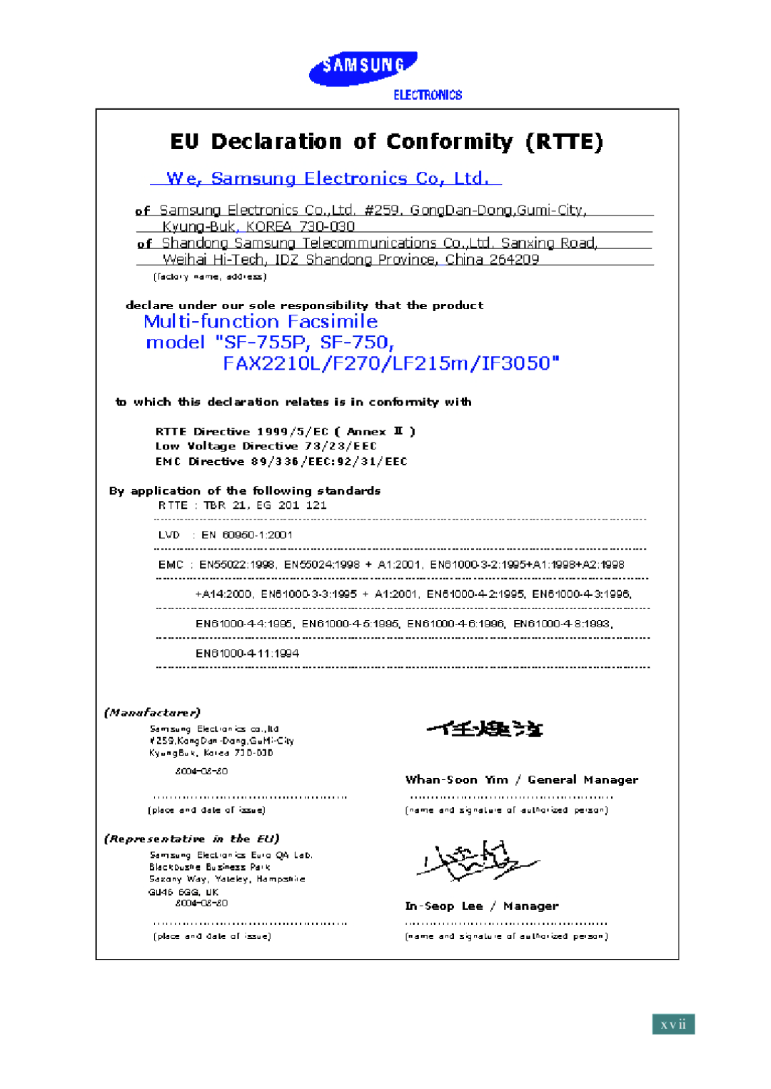 Samsung SF-755P manual Xvii 