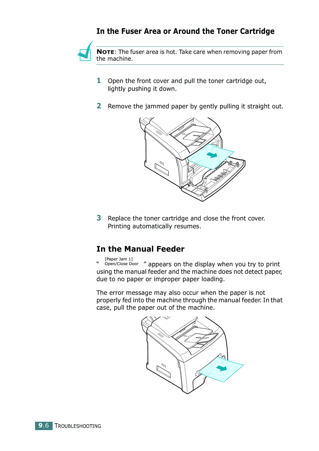 Samsung SF-755P manual Fuser Area or Around the Toner Cartridge, Manual Feeder 