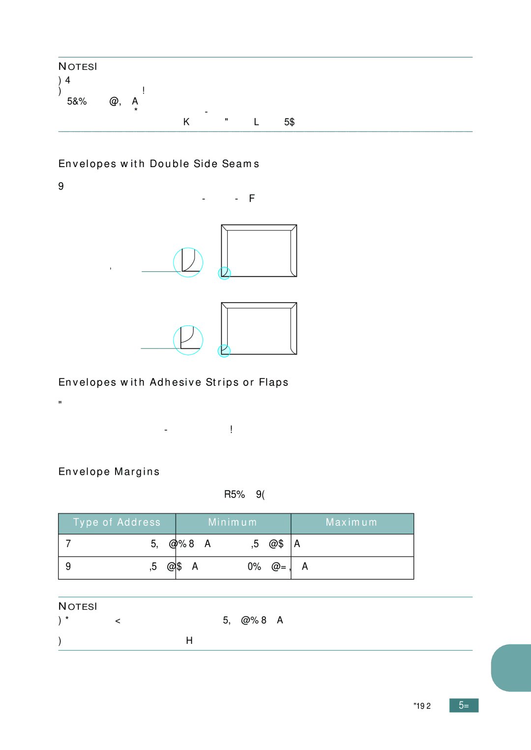 Samsung SF-755P Use only the manual feeder to print envelopes, Envelopes with Double Side Seams, Envelope Margins 