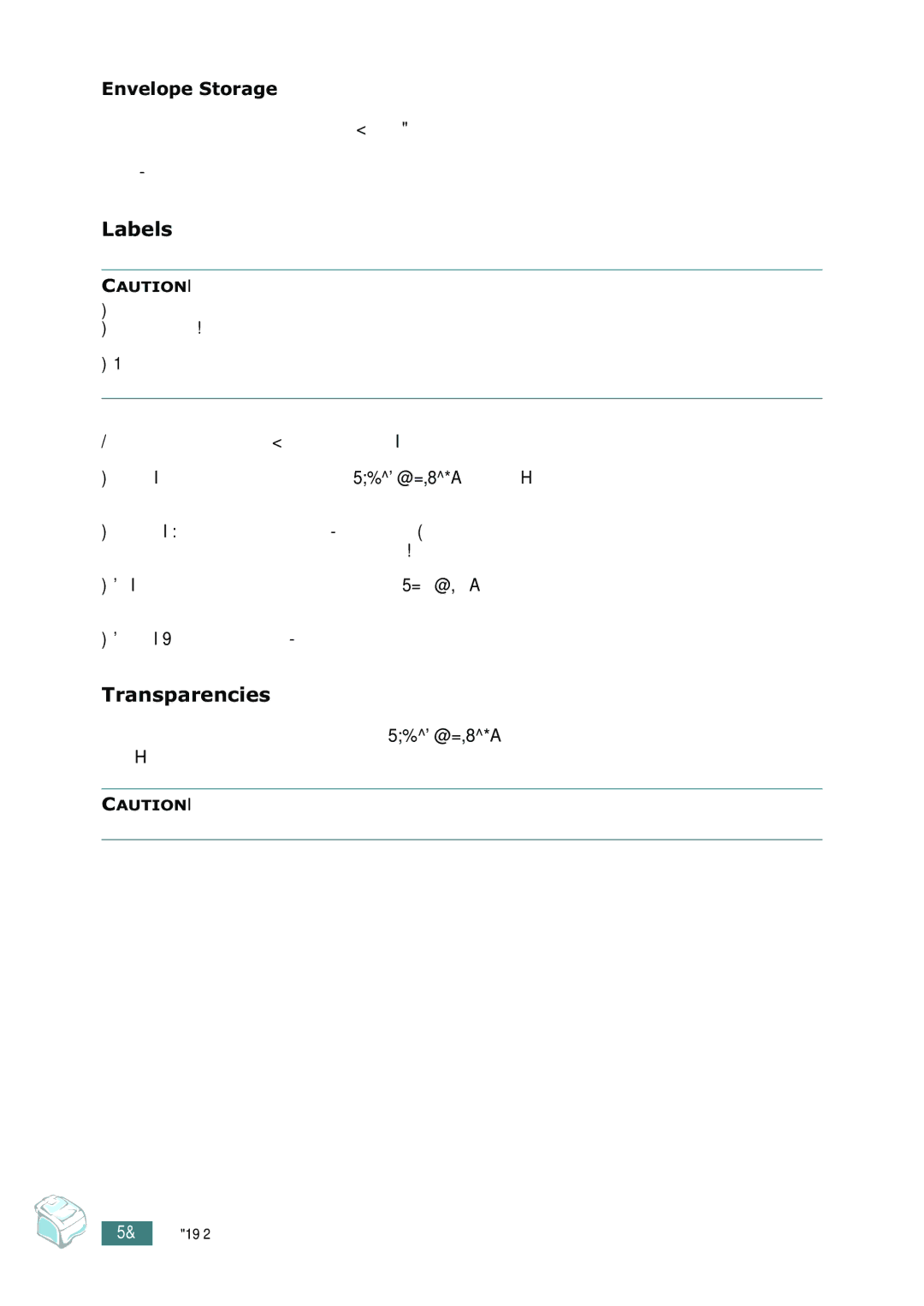 Samsung SF-755P manual Labels, Transparencies, Envelope Storage 