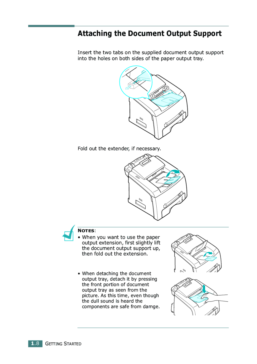 Samsung SF-755P manual Attaching the Document Output Support, Fold out the extender, if necessary 