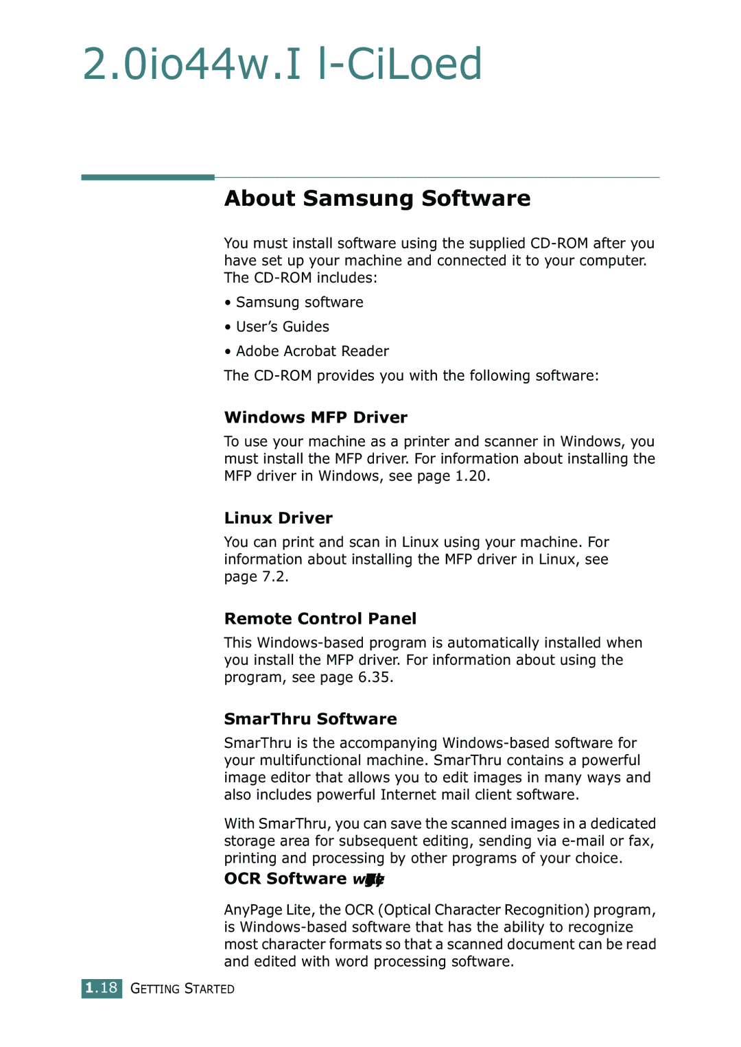 Samsung SF-755P manual About Samsung Software, Windows MFP Driver, Linux Driver, Remote Control Panel, SmarThru Software 